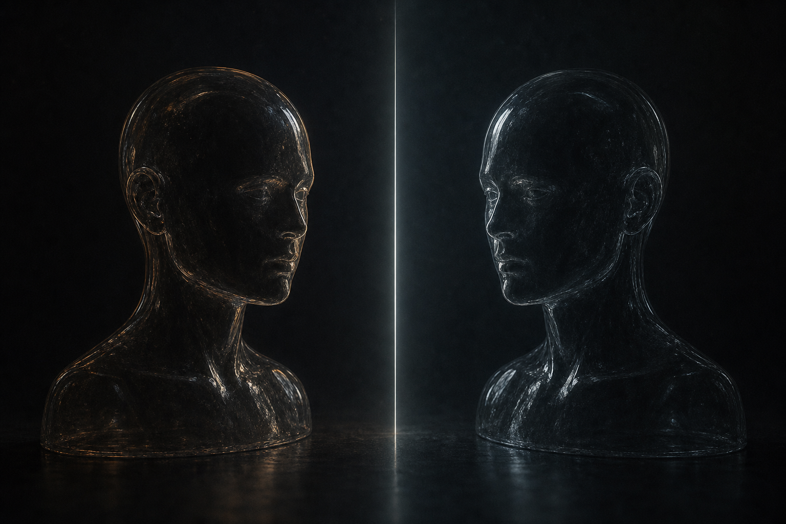Two nearly identical translucent glass head sculptures facing each other across a thin line of light — the impossibility of telling the real from the fake.