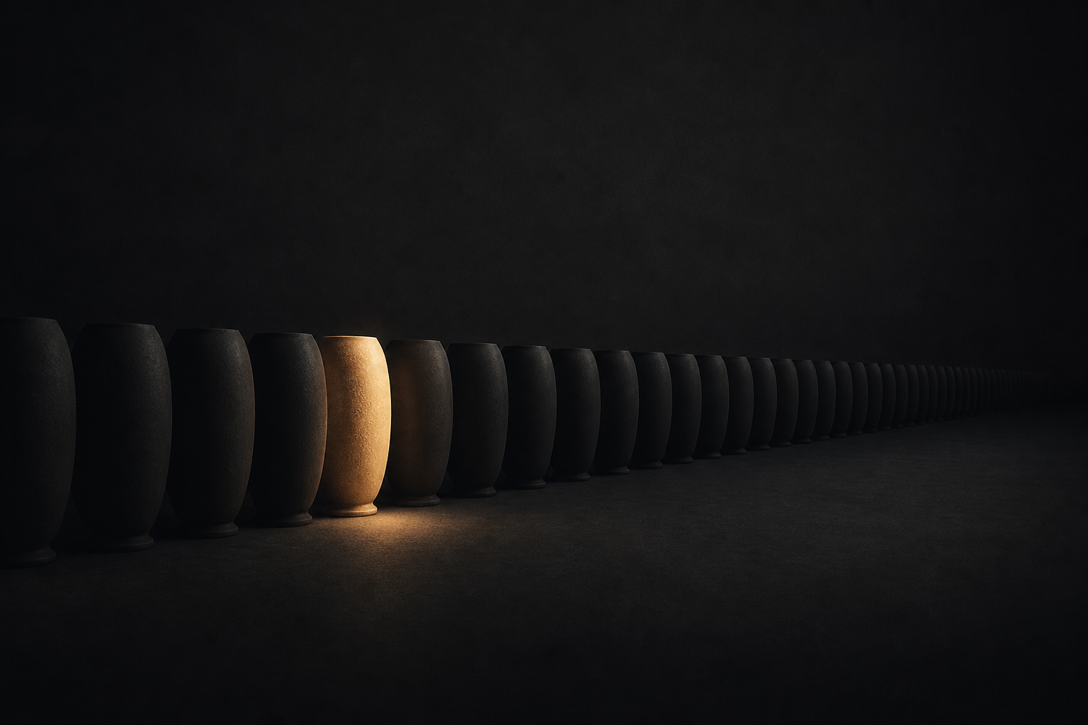A long row of identical dark vases receding into shadow, with a single one softly lit — the one authentic object among infinite copies.