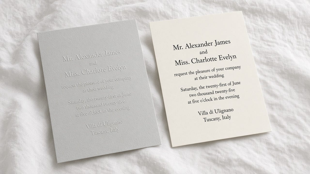 A pale-grey luxury card almost unreadable beside the same wording in large black ink on cream.