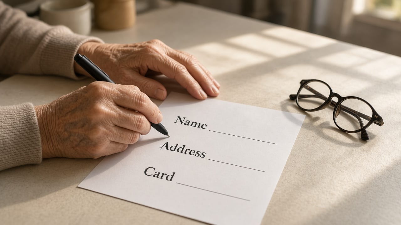 Hands filling a paper form with large printed labels at a sunlit kitchen table.
