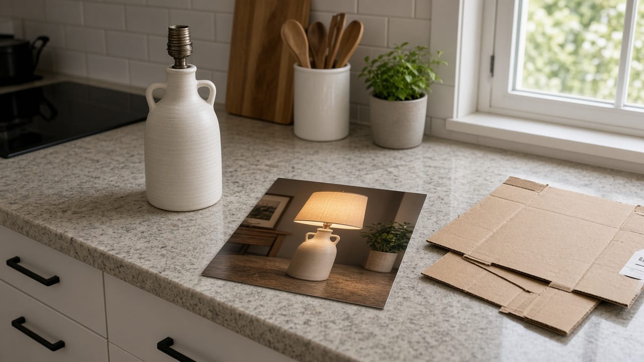 A lamp with no bulb in the socket next to a printed photo of the same lamp glowing.
