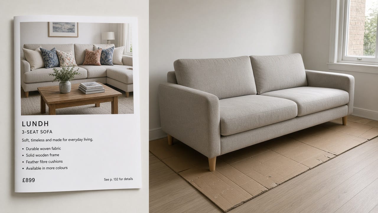A catalog photo of a styled sofa with many cushions beside the delivered sofa with almost none.