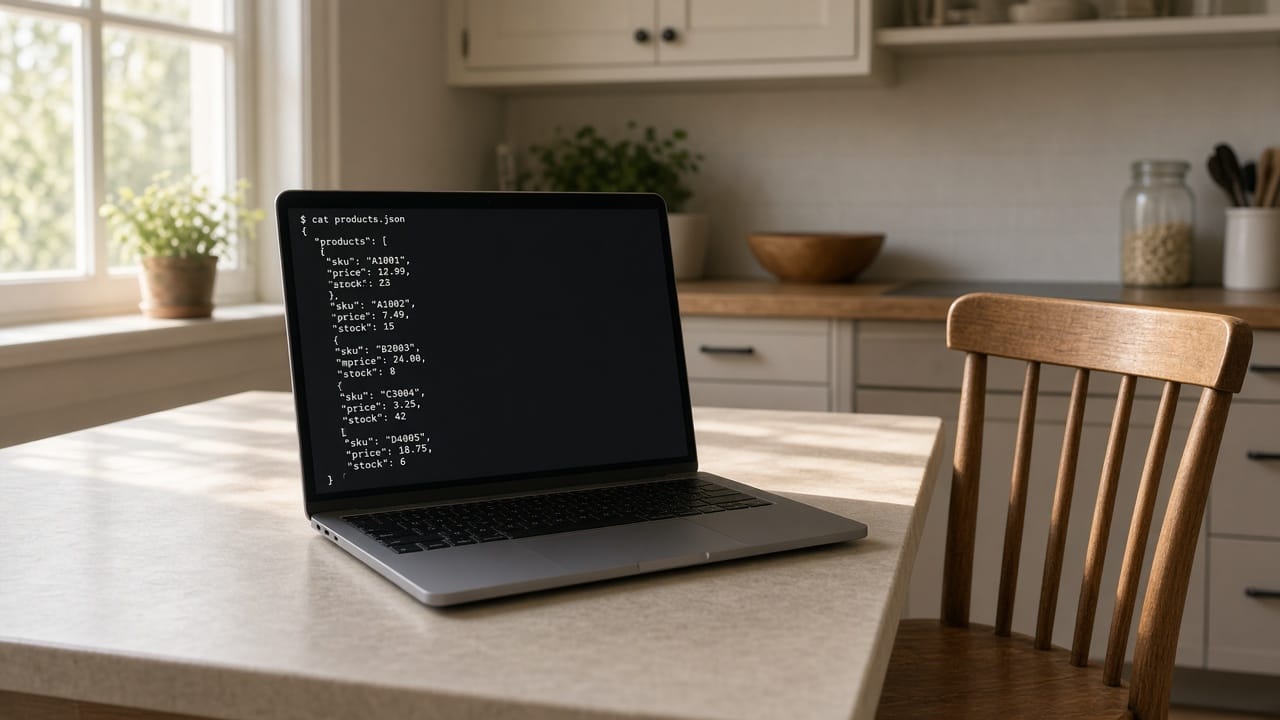 A laptop in a bright kitchen showing a raw product feed — SKU, price, stock — not a designed storefront.