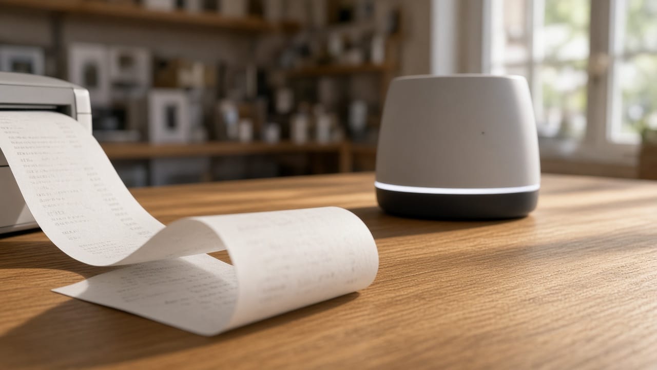 A thermal receipt unspooling onto a wooden counter beside a silent smart speaker.