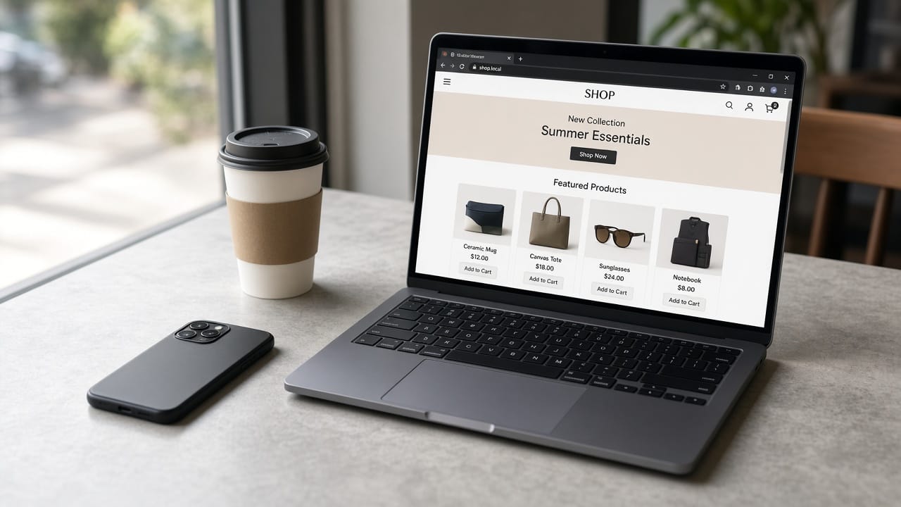 A phone lying face-down next to a laptop showing a simple shop in a mobile browser.