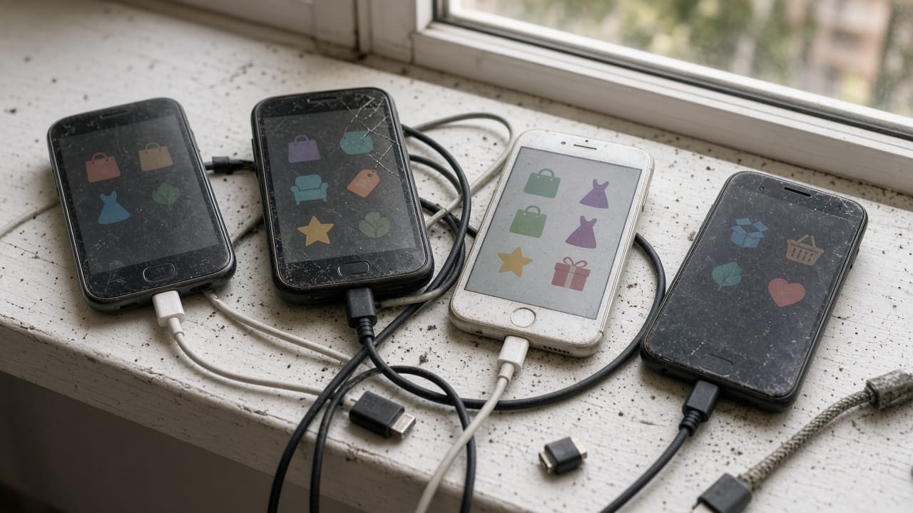 A windowsill graveyard of old phones and tangled chargers, unused shopping-app icons faded on the screens.