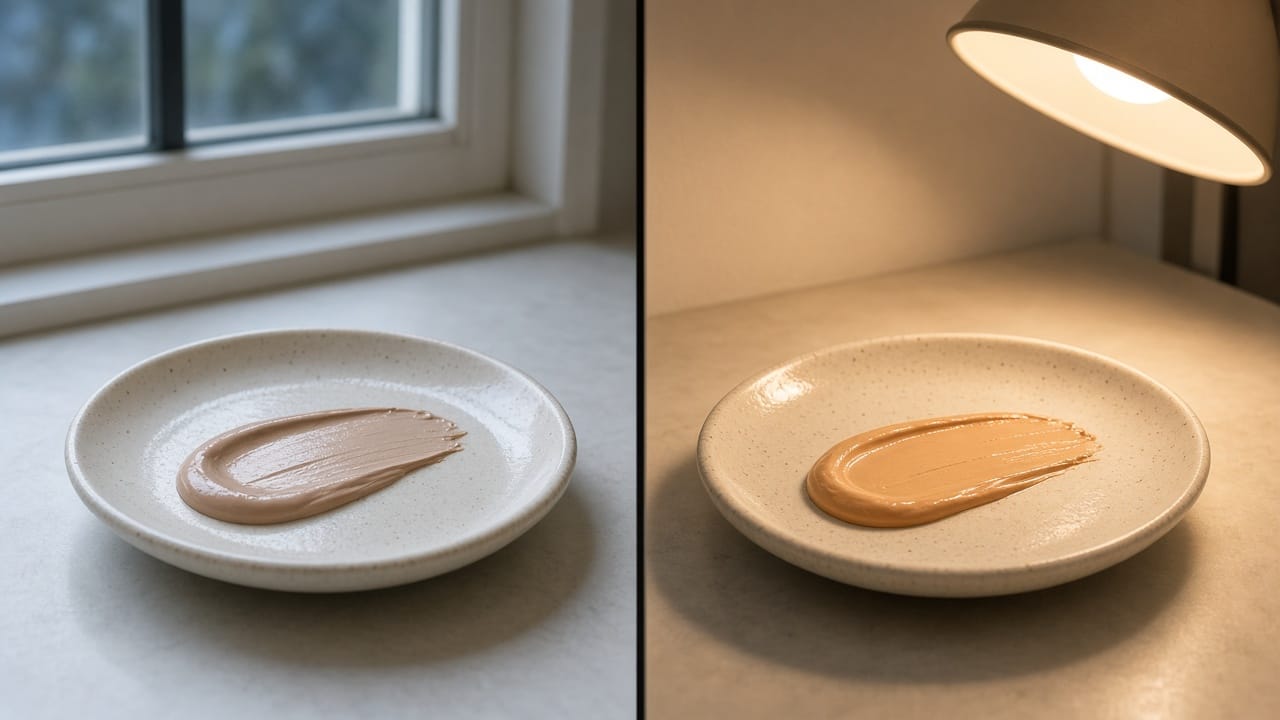 The same cream photographed in cold window light and warm lamp light — two different colours.