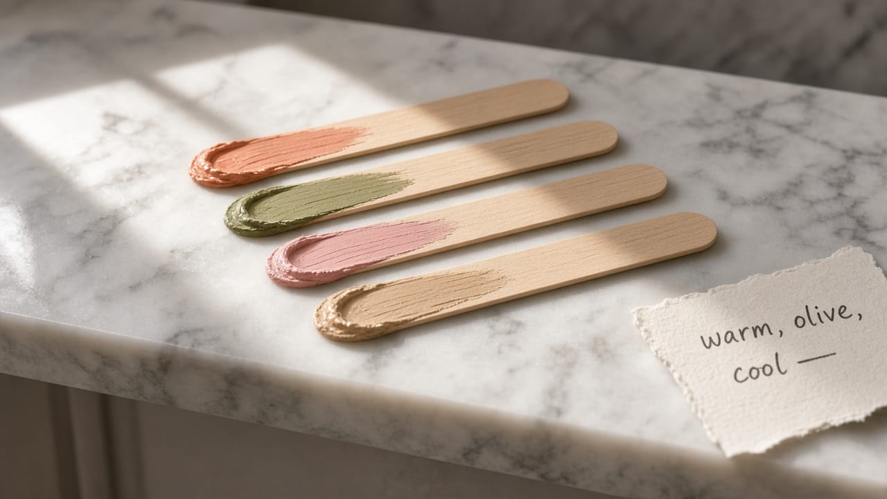 Wooden mixing sticks on a marble sill, each smeared with a different undertone of the same depth.