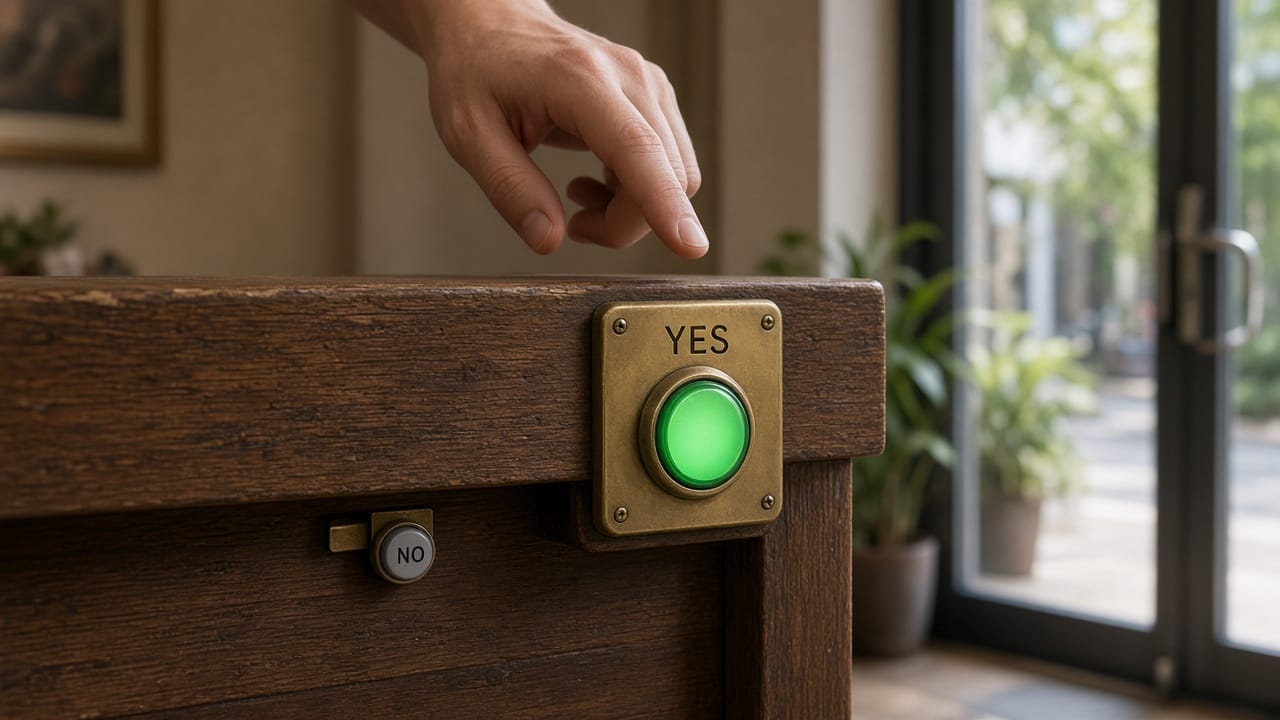 A reception desk with a large green YES button and a tiny grey NO button hidden under the lip.