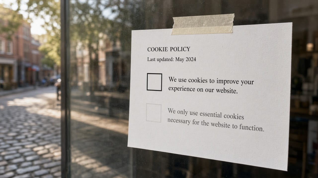 A paper form taped inside a shop window, two checkboxes, street reflections on the glass.
