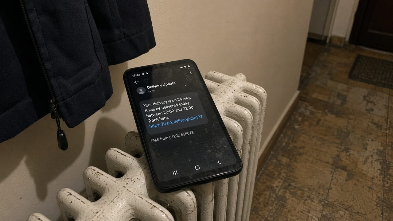 A cheap phone on a hallway radiator showing a delivery tracking text.