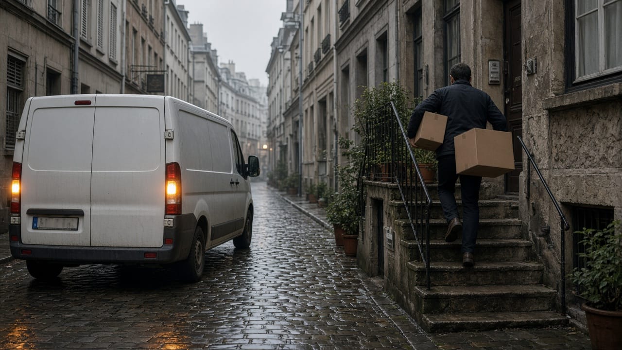 An unmarked van double-parked on a wet side street while a driver carries parcels up steps.