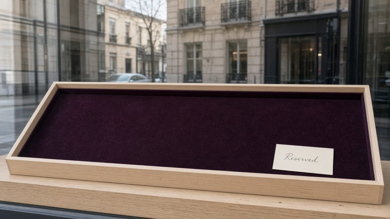 A shop window with a long empty velvet-lined wooden tray and nothing in it.