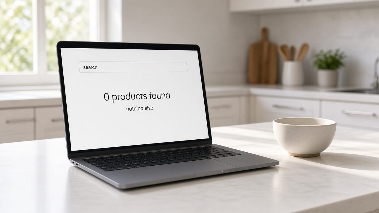 A laptop in a white kitchen showing a search page that reads 0 products found.