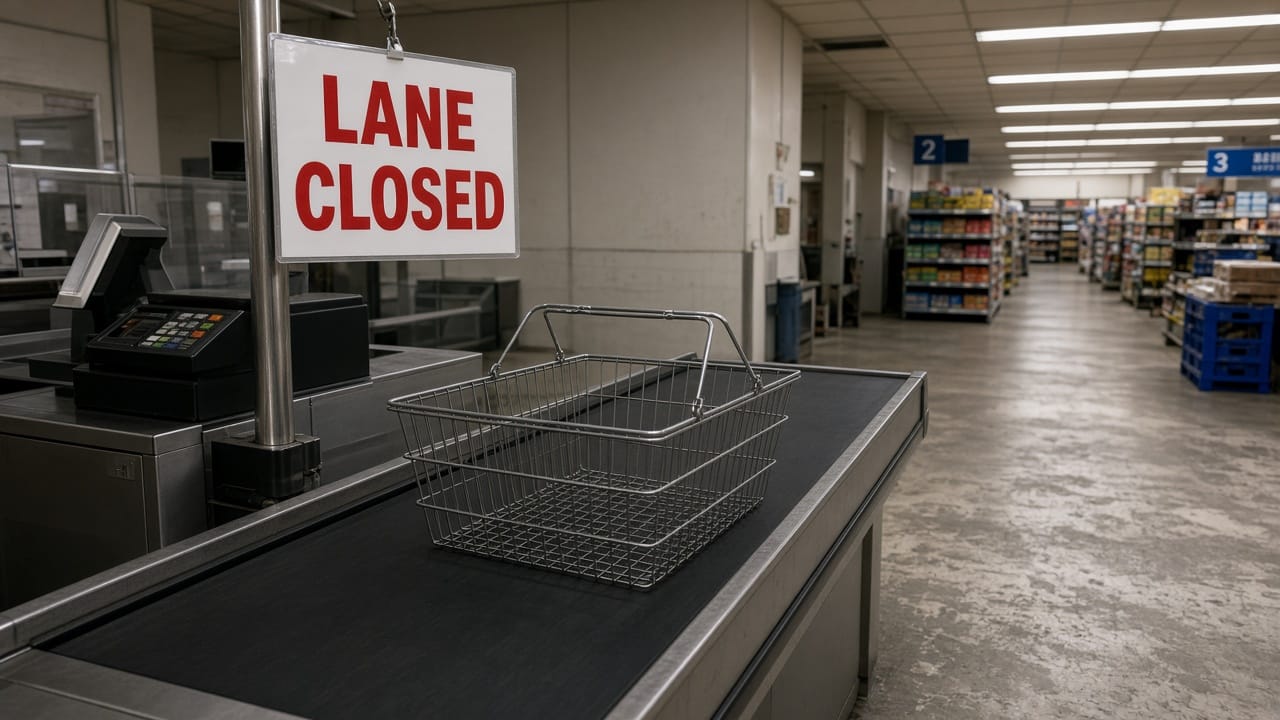 An empty shopping basket left on a closed supermarket checkout lane.