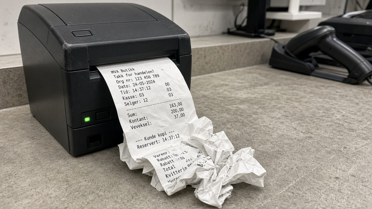 A jammed till printer with a crumpled receipt stuck halfway out.