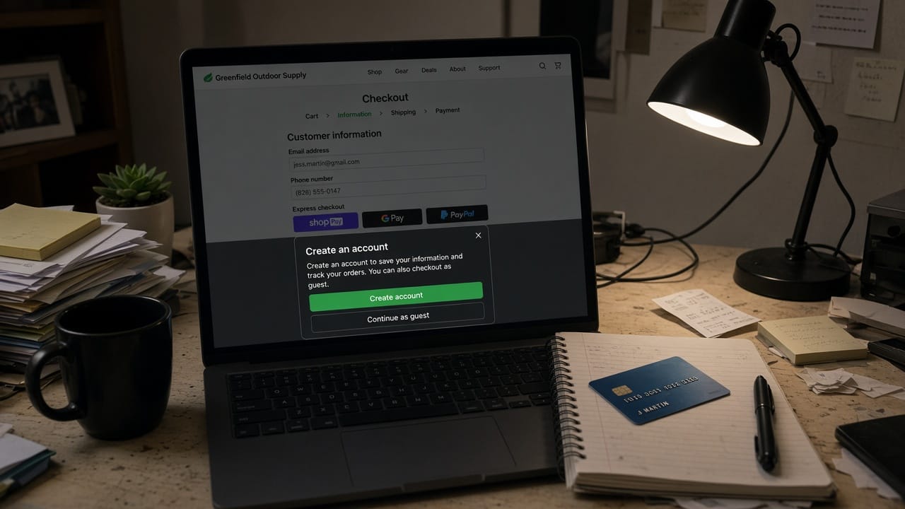 A laptop checkout blocked by a create-account modal, card and notebook on a messy desk.