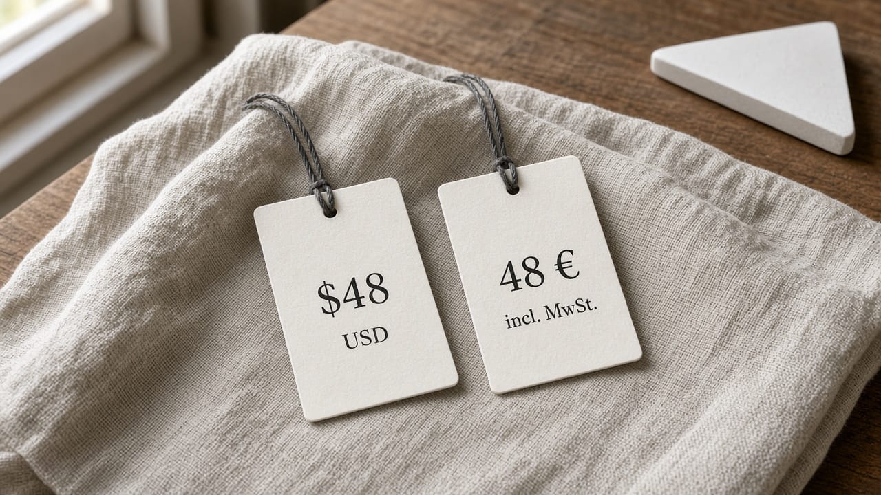 Two hangtags on the same garment: one in US dollars, one in euros including VAT.