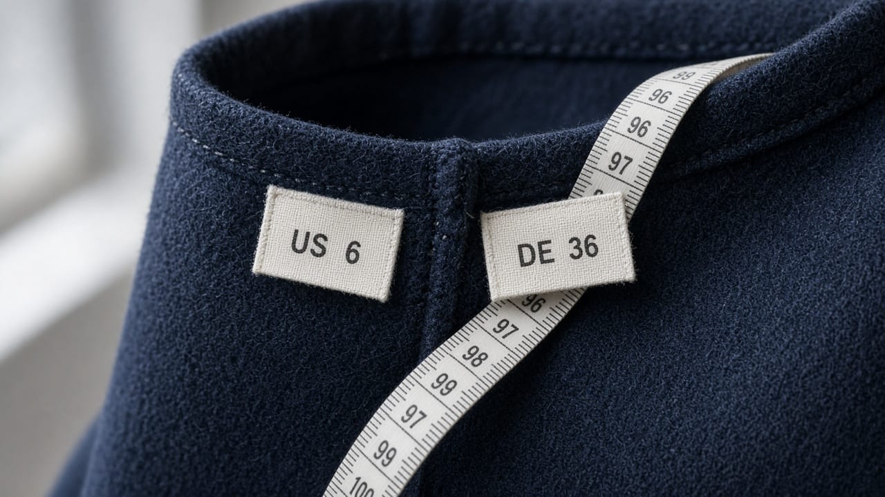 Sewn-in size labels reading US 6 and DE 36 on a navy wool garment, measuring tape across.