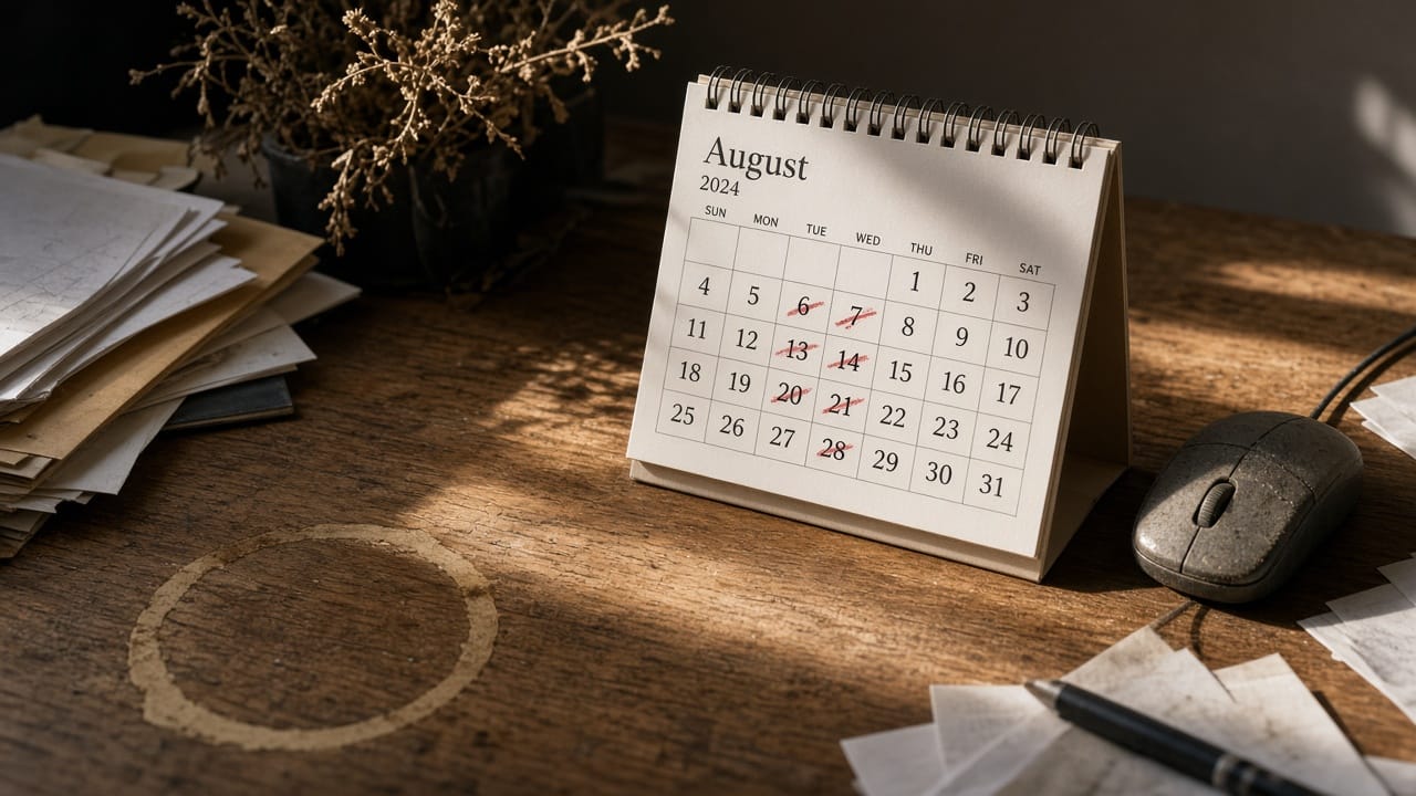 A coffee-stained desk calendar with campaign dates crossed out and a dried-out plant.