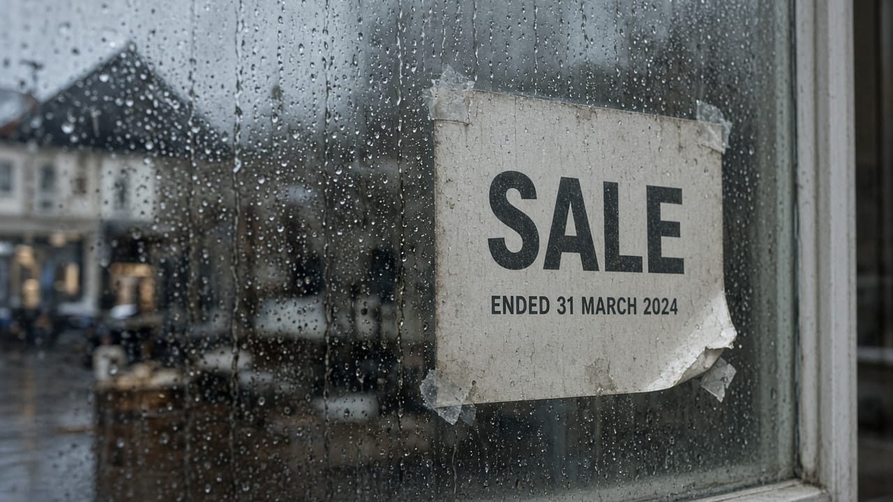 A rain-streaked shop window with a faded SALE poster whose date has passed.