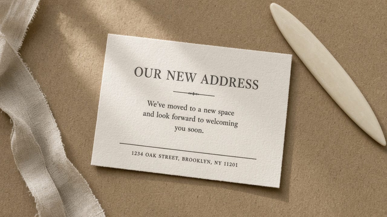 A letterpress insert card laid out like a webpage: headline, paragraph, footer, beside a bone folder.