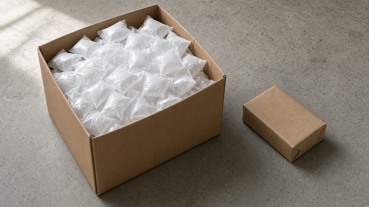 A huge void-filled carton beside a small neatly wrapped paper parcel on a concrete floor.