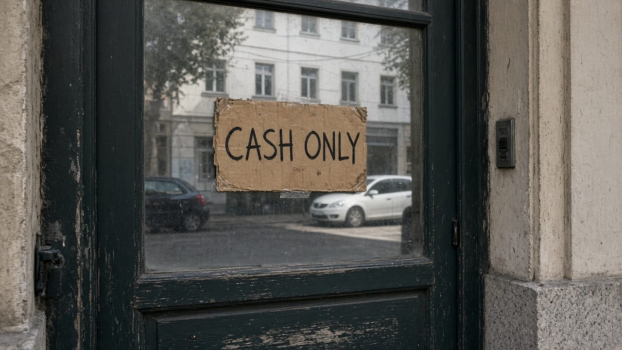 A closed shop door with a handwritten CASH ONLY sign taped to the glass.