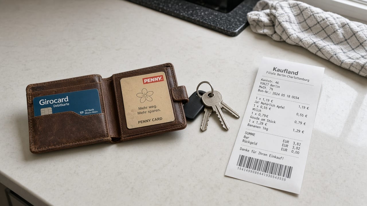 An open wallet on a kitchen counter showing a Girocard and a faded store card, no cash.