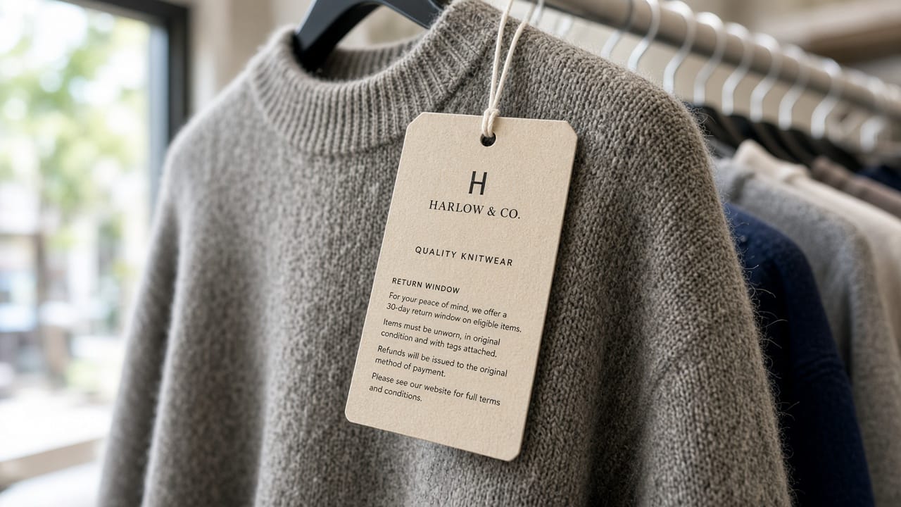 A clothing hangtag with tiny return-window text at the bottom.