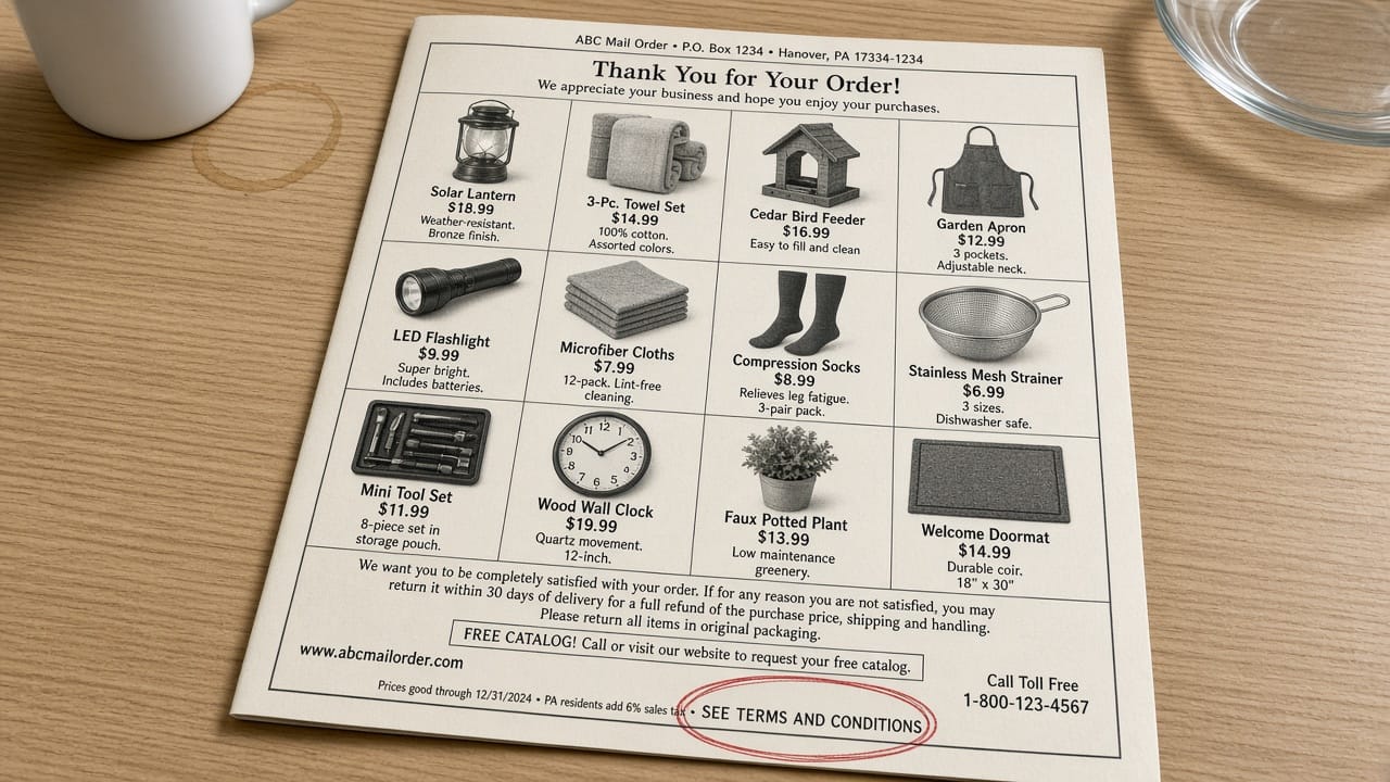 A catalog footer, SEE TERMS AND CONDITIONS circled in red pen.