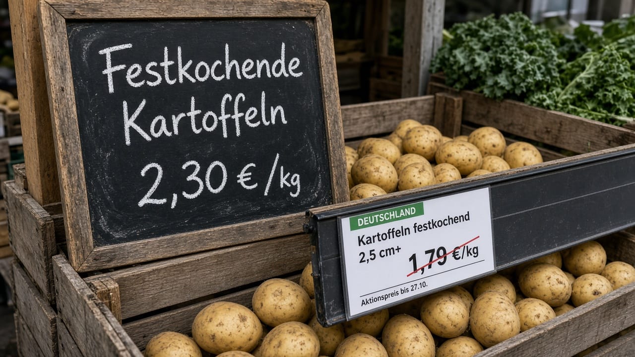 A market chalkboard price beside a printed shelf label with a strikethrough.