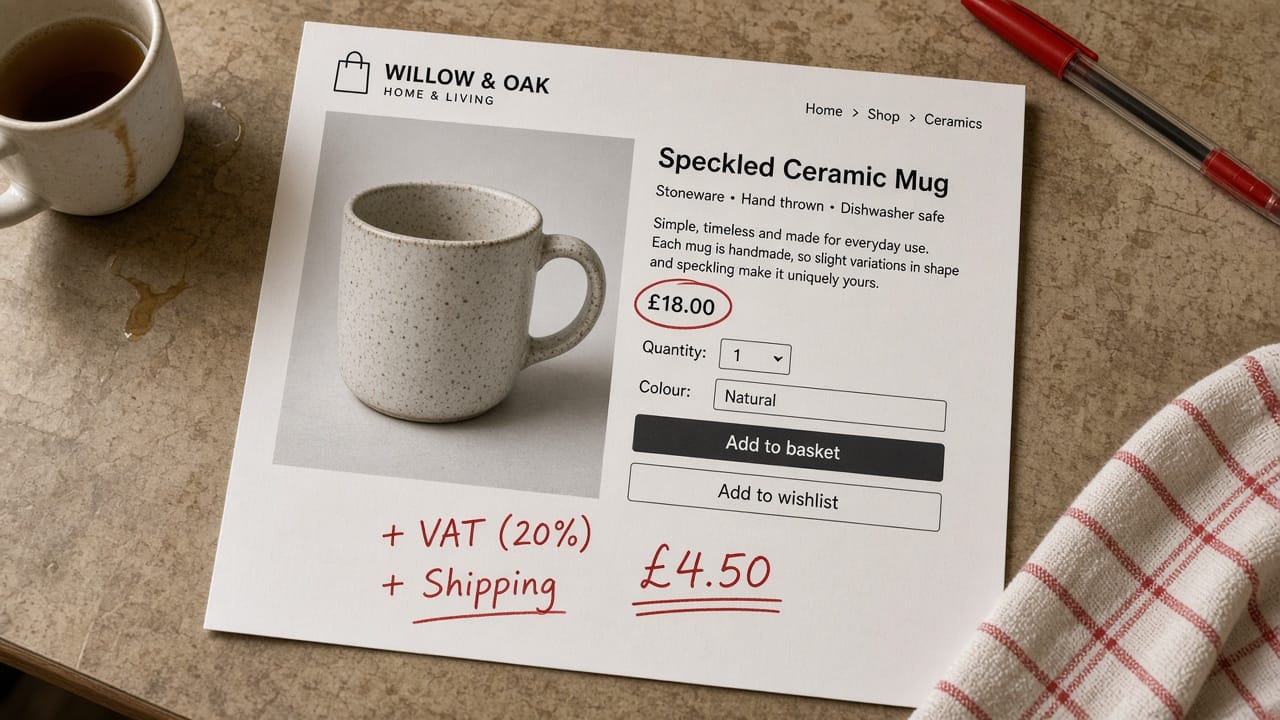 A printed product page with the price circled and VAT plus shipping added in red pen.