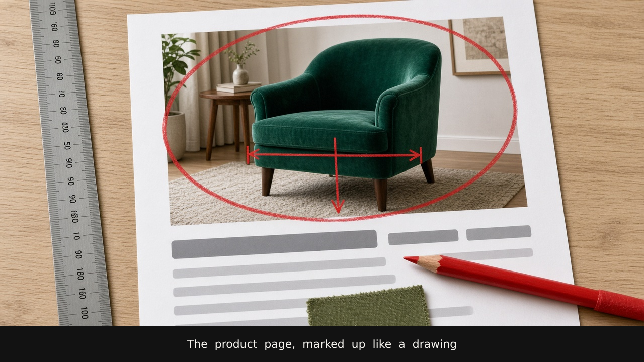 A printed product page marked up in red: the hero circled, dimensions drawn, a swatch that does not match.