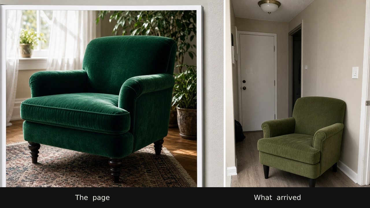 Left: the catalog photograph of a lush emerald armchair. Right: the smaller, flatter chair that actually arrived.