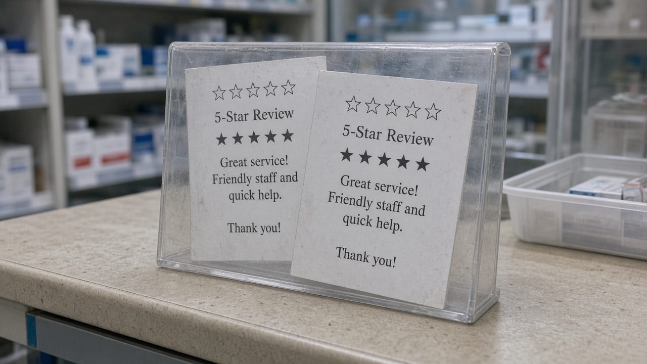 Identical printed five-star review cards in a cheap acrylic holder on a shop counter.