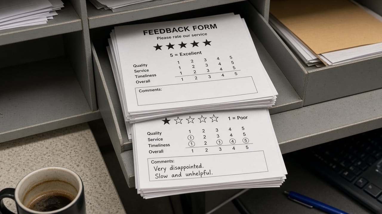 A one-star paper form half-hidden under a stack of five-star forms in a pigeonhole.