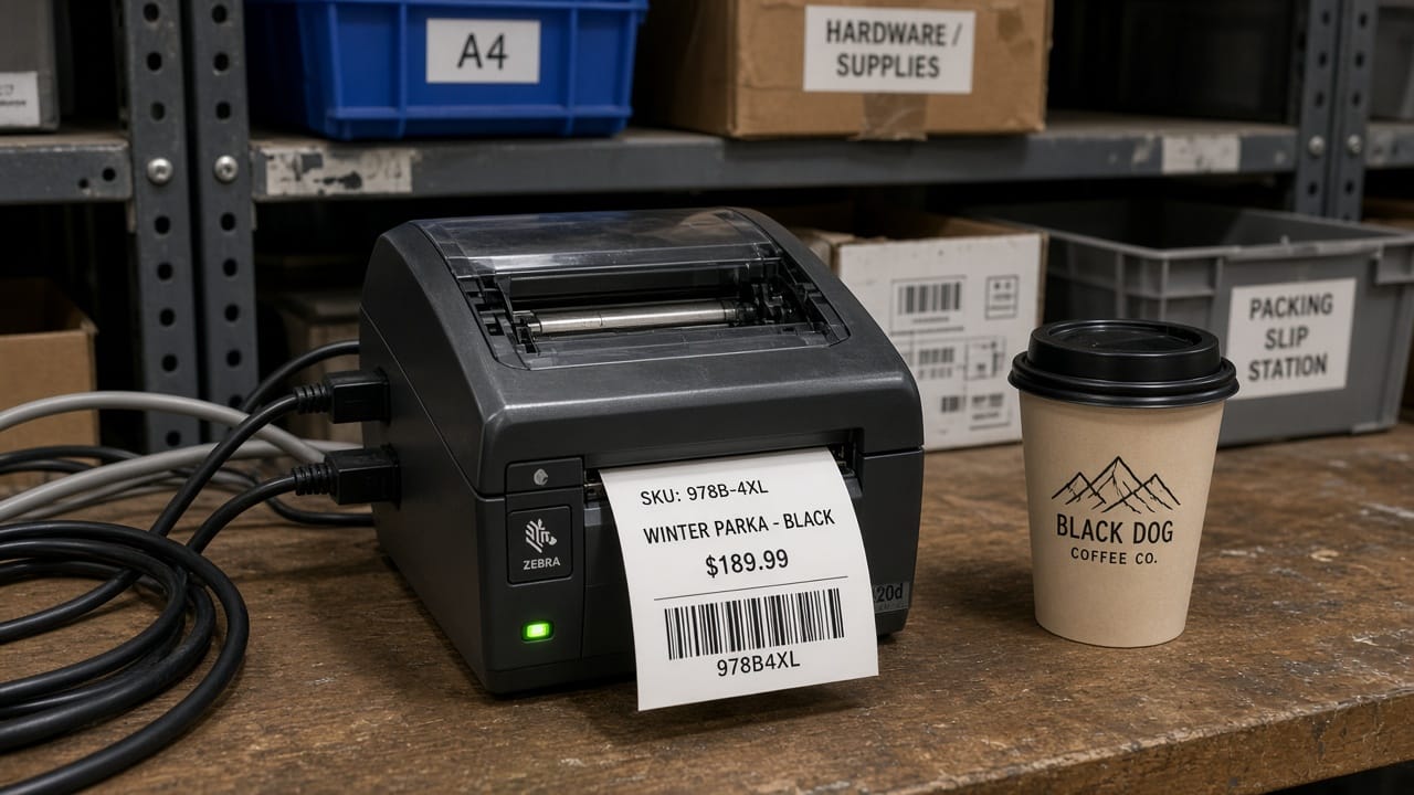 A thermal label printer producing a SKU, price and barcode label on a cluttered warehouse bench.