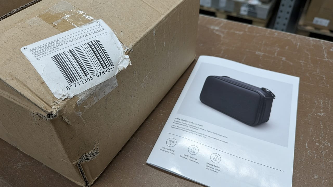 A peeling barcode sticker on a cardboard box beside a glossy catalog page of the same item.