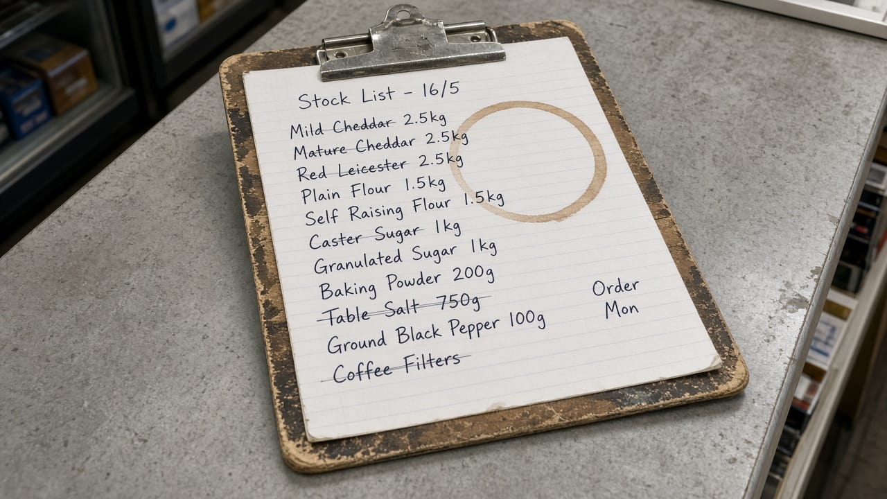 A handwritten stock list on a worn clipboard, some items crossed out.