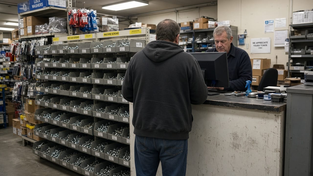 A customer at a hardware-store counter while the clerk looks at a computer, not at the person.