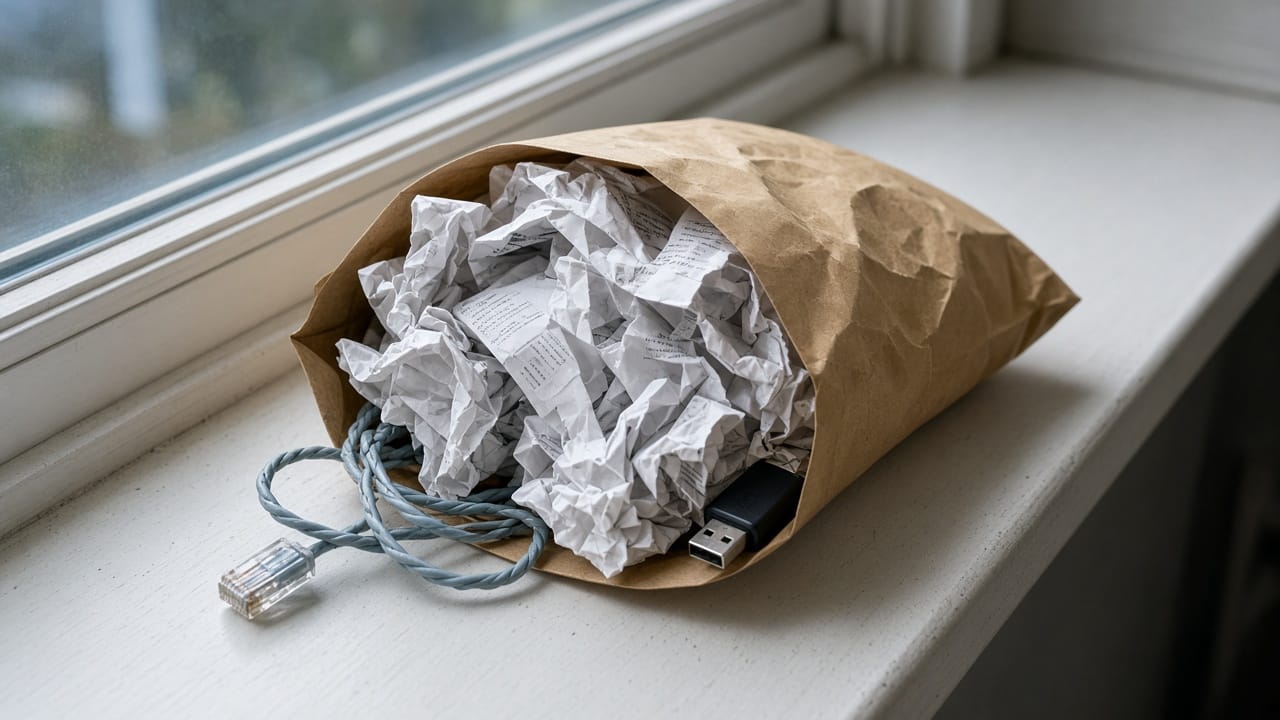 A kraft envelope bursting with printouts, ethernet cable, and a USB stick on a windowsill.