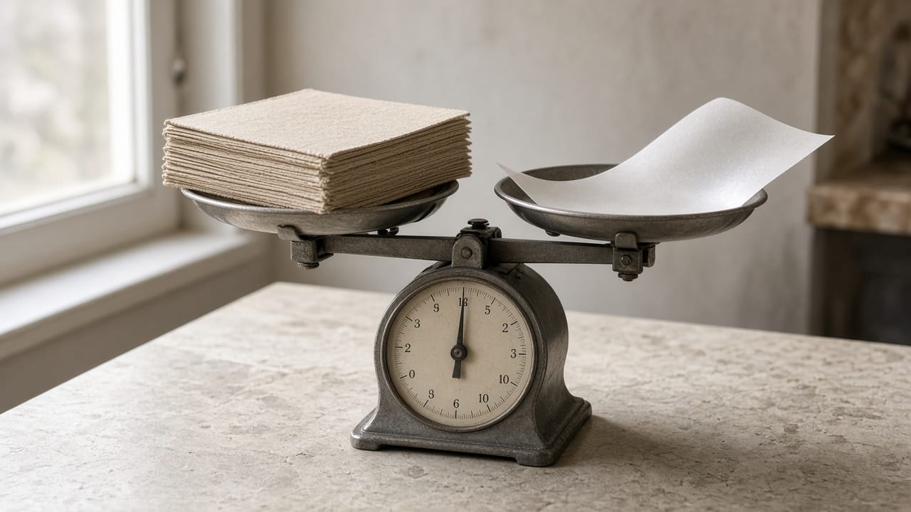 A kitchen scale holding a sewn catalog on one pan and a flimsy flyer on the other.