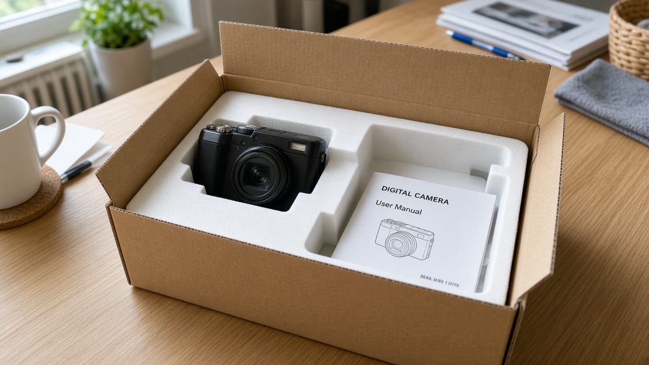 An opened shipping box: a camera in foam and an empty cutout where an accessory should sit.