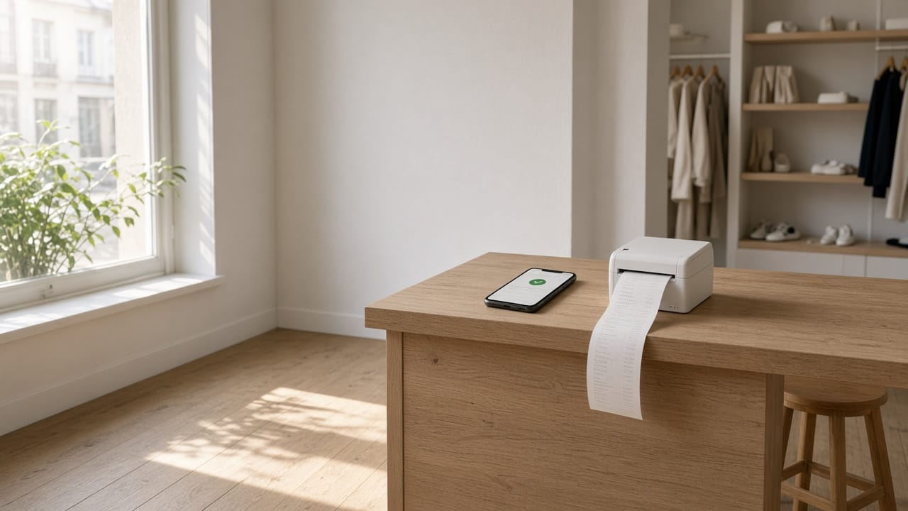 An empty boutique counter at 9am: a phone showing a checkout, a receipt printer unspooling onto oak.
