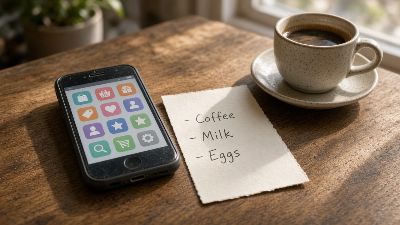 A cafe table: a phone with a cluttered unused-app home screen beside a handwritten shopping list.