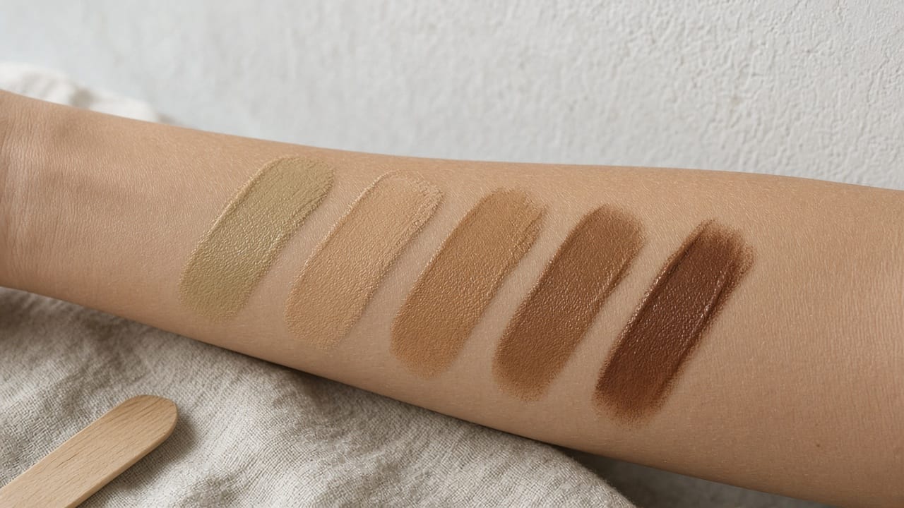 Foundation swatches blended into a forearm in north-window daylight, from fair olive to deep brown.