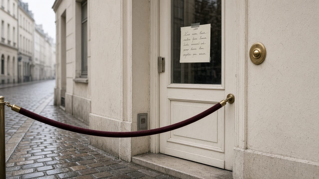 A shop door with a velvet rope, a note on the glass, one obvious doorbell and one half-hidden.