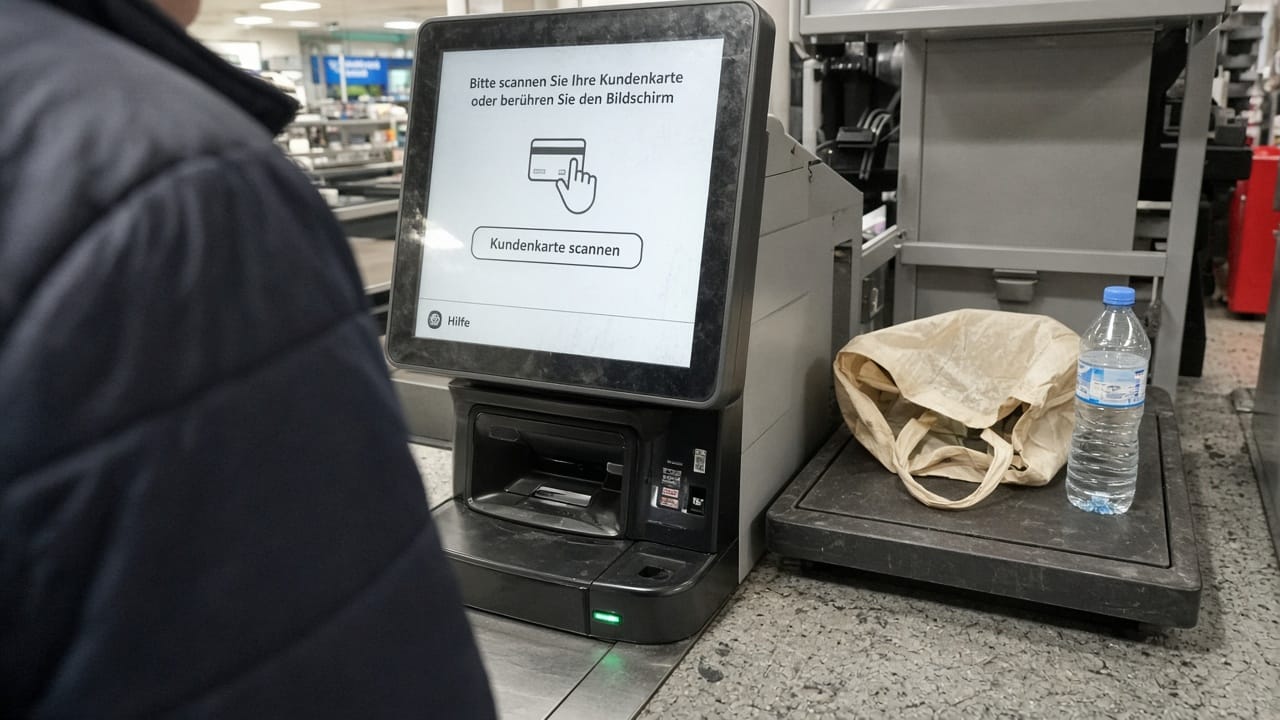 A supermarket self-checkout asking for a loyalty card before it will take payment.
