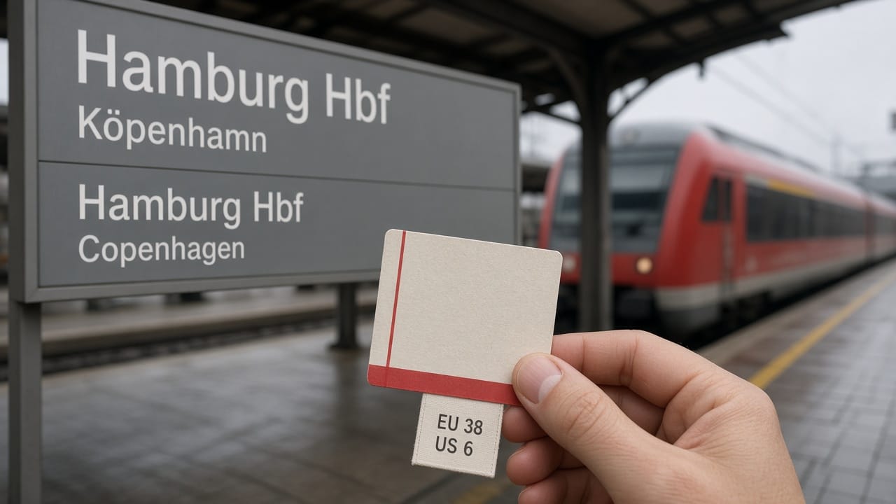 A bilingual train-platform sign in overcast northern light, a paper ticket and a size tag in the foreground.